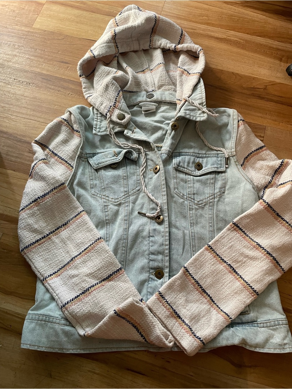 Billabong Light Denim Hooded Jacket with Cream Striped Knit Sleeves